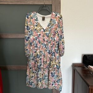 Floral V-Neck Long Sleeve Tiered Ruffle Hem Dress- Size M